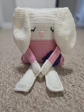 Handmade Crochet Rag Doll Bunny Plush-White And Pink With Purple Flower